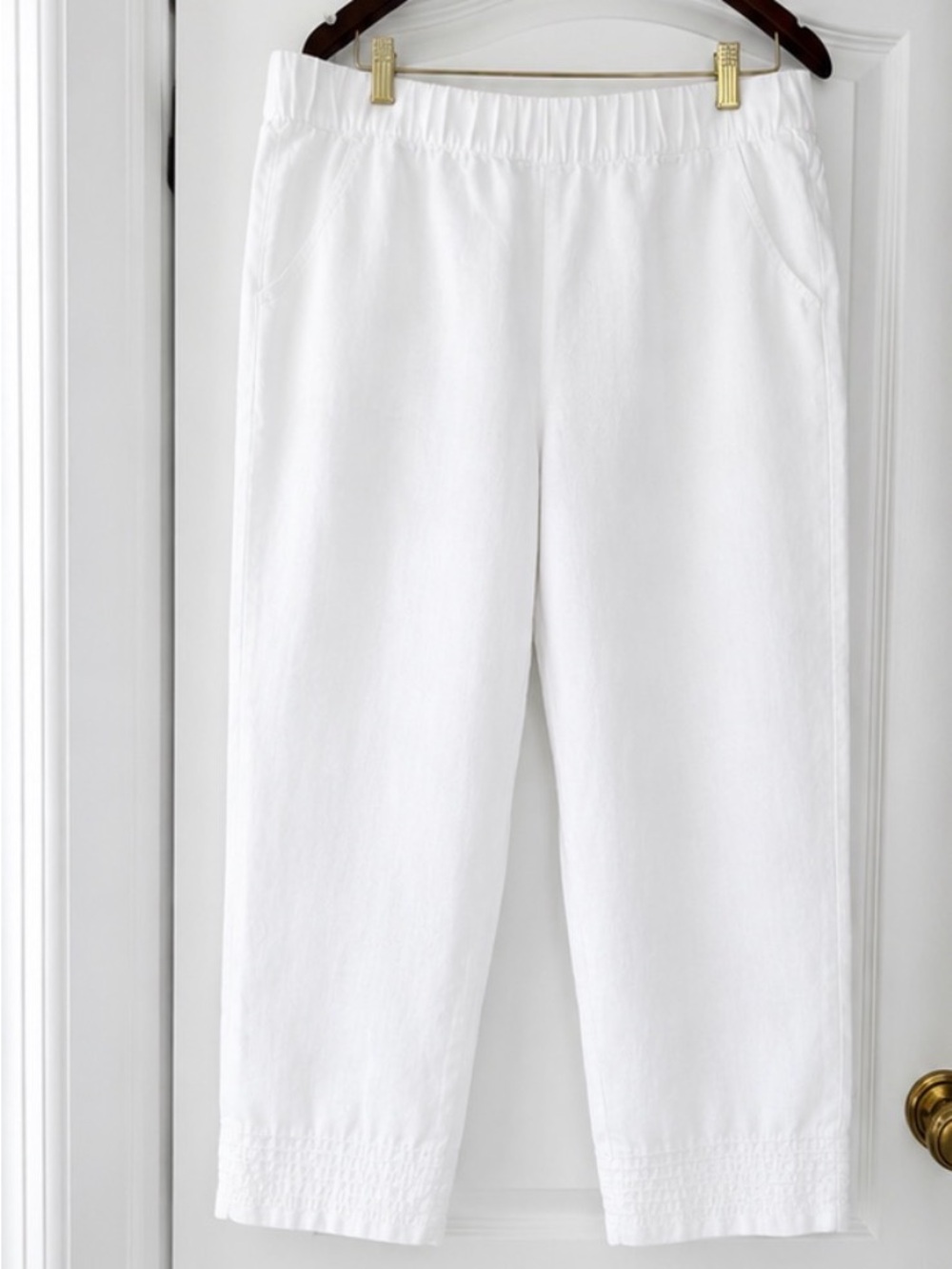 Pure Jill White 100% Linen Pull On Crop Pants Elastic Waist Pockets M - Picture 2 of 8